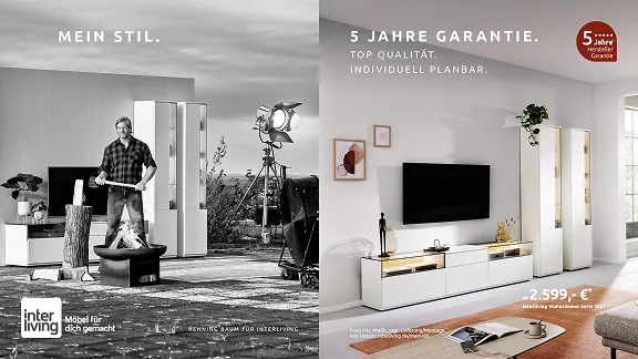 Zweigeteiltes Werbebild von Interliving: Links Henning Baum beim Holzhacken, rechts eine moderne weiße Wohnwand mit TV-Board.